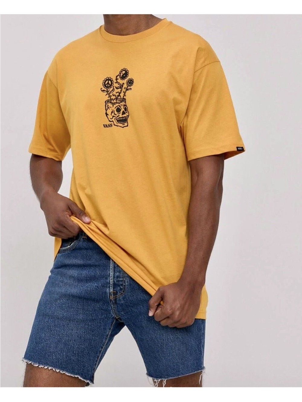 Vans Men T-Shirt Skull Vase Flower Yin Yang Peace Smiley Cotton Mustard XL - Picture 2 of 7